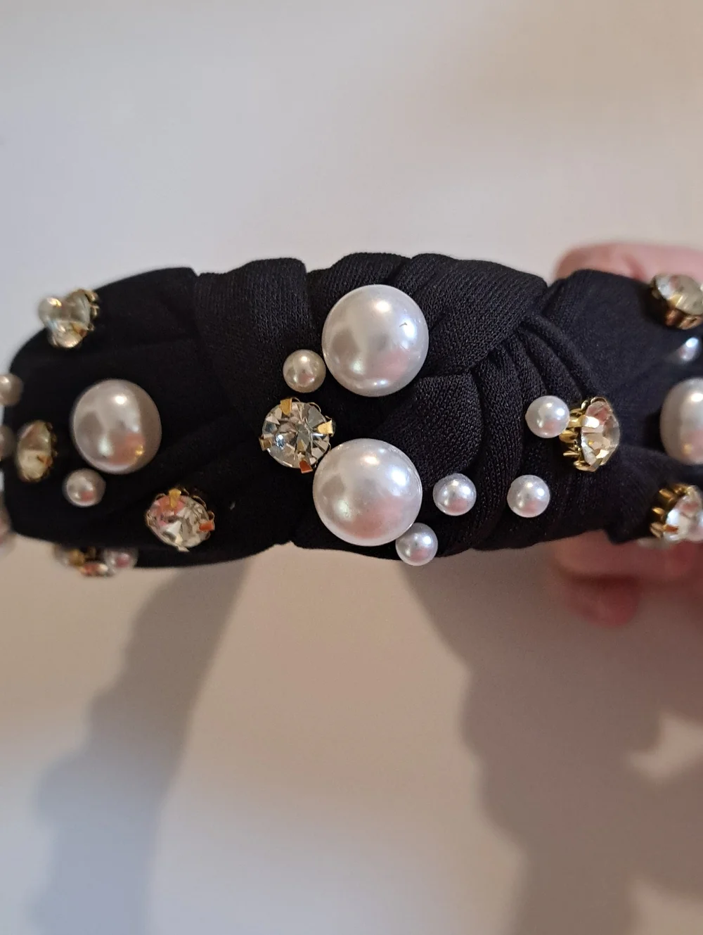 Black Faux Pearl & Rhinestone Knotted Headband - Wide, Solid Color